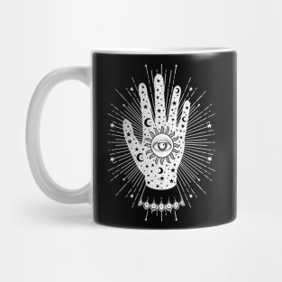 Palmistry Palm with All Seeing Eye, Sun, Moon and Stars in White Mug